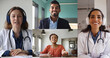 © fizkes - Multiethnic couple and female doctors in headphones talking on video call, speaking at camera, consulting online, giving consultation, using telehealth app for telecommunication