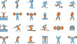 © MstSuborna - Sports and Fitness Activity Icon Set with Athletes Weightlifting Running Swimming Gym Workout Training and Olympic Games Flat Vector Illustration Collection.