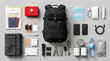 © Nabila Syafira - Emergency Go Bag with Survival Kit Essentials and First Aid Supplies Flat Lay. Disaster preparedness and emergency evacuation concept.