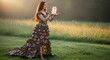 © Ayahe Stock - A woman with flowing auburn hair, adorned in a dress resembling monarch butterfly wings, holds a