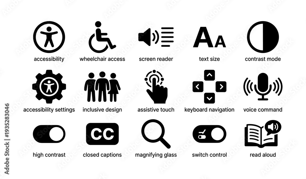 Vector de Stock Accessibility icons display: inclusive design and ...