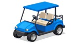 Isometric illustration of a bright blue electric vehicle with a roof, seats, steering wheel, and four wheels