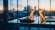 © Christine - Modern conference room with city view at sunset, laptops and water glasses on table, symbolizing business and technology.