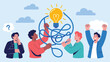 © Mushtaq - creative problem solving and teamwork concept with people untangling messy ideas into bright light bulb solution collaboration flat vector illustration