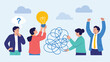 © Mushtaq - problem solving and idea generation concept with team untangling messy thoughts into bright light bulb solution teamwork creativity flat vector illustration