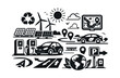 © iVGraphic - Sustainable urban concept showing electric cars, charging stations, solar energy, wind power, navigation, and global environmental focus