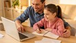 © ibhonk - Smiling father assists his young daughter with online schoolwork using a silver laptop and spiral notebook at a wooden desk in a sunlit living room.