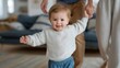 © forenna - Toddler taking very first independent steps across living room floor with arms outstretched and parents watching with joy, perfect for child development milestone, first steps learning, baby motor