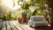 © DadGenX_Pic - Tropical spa setting with towels and plants on wooden deck