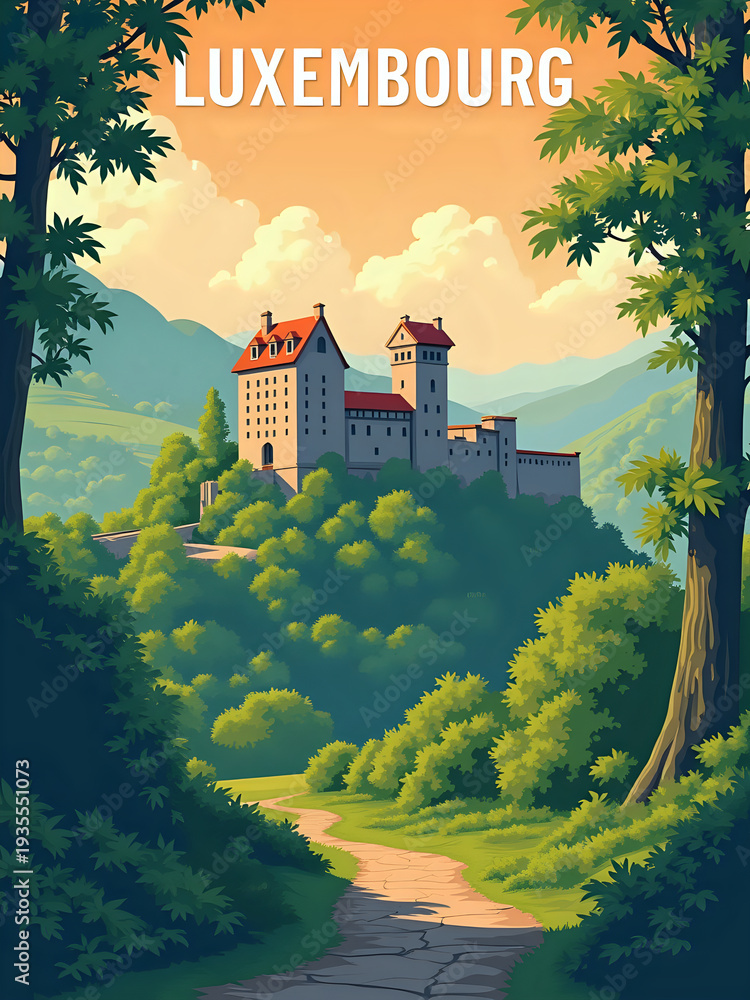 A castle stands on a hill in Luxembourg. Green trees and hills surround the castle. A path leads toward the castle under a bright sky during sunset.