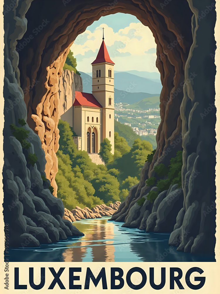 A church tower stands on a hillside, visible through a rocky arch. The river runs below the arch, and green hills surround the area. The sunlight casts shadows on the rocks.