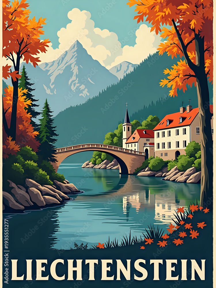 The scene shows a river with a bridge and buildings on its banks. Tall mountains are in the background, and autumn trees have bright leaves. The weather is clear, and it is daytime.