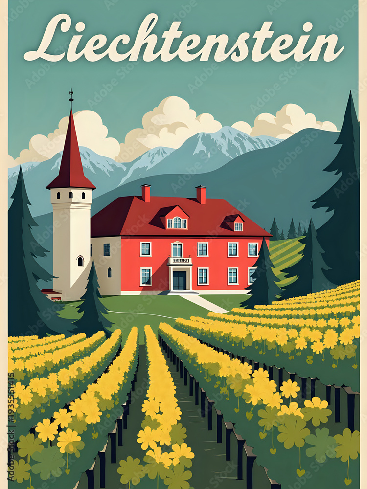 The view shows a vineyard in Liechtenstein with yellow flowers and green rows. A large red house with a spire stands in the background, surrounded by mountains under a blue sky.