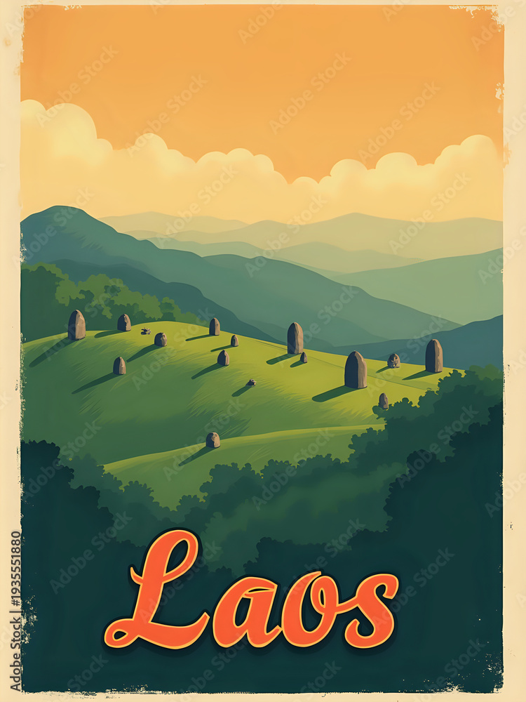 Green hills in Laos show large stone pillars under a sky filled with clouds at sunset. The sun casts shadows on the ground. Distant mountains frame the background with soft colors.