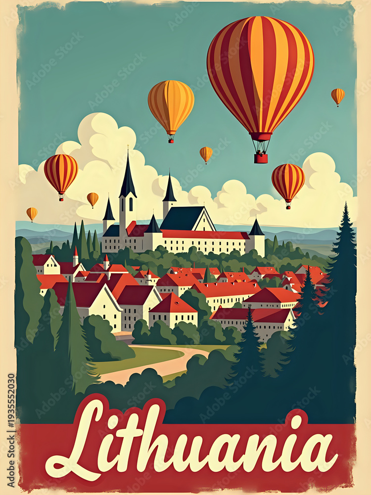 Hot air balloons float in the sky above a village in Lithuania. A castle stands tall among houses and trees. The scene shows a clear day with clouds and blue sky in the background.