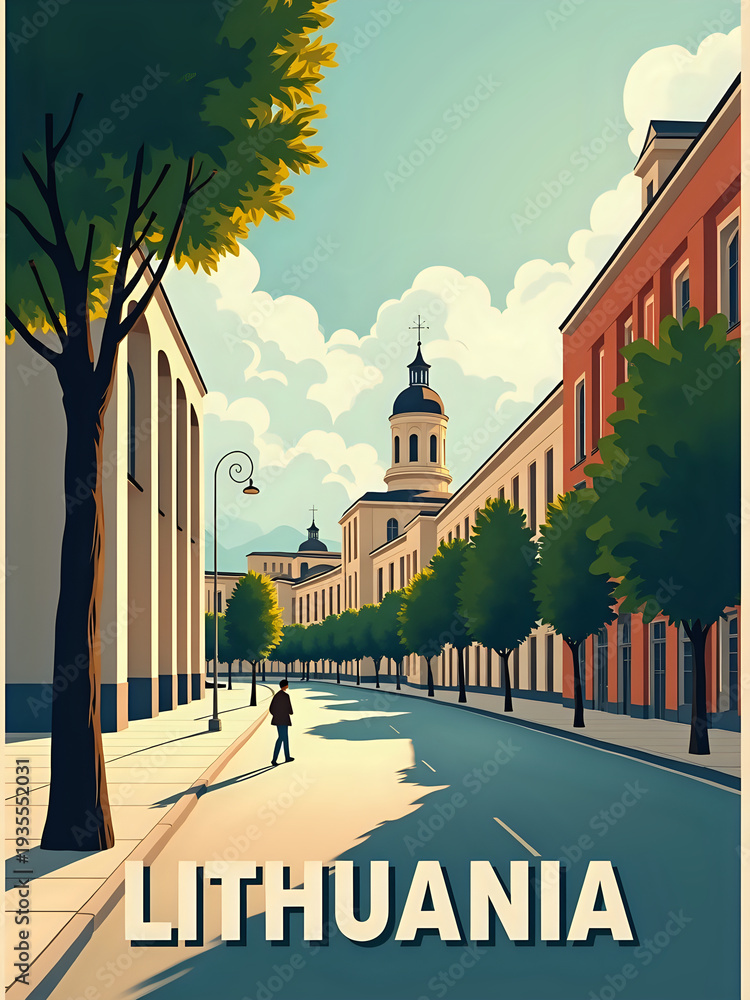 A street in Lithuania shows tall buildings lined with trees. A person walks down the sidewalk. The sun is shining and clouds are visible in the sky. The scene captures daily life in the city.