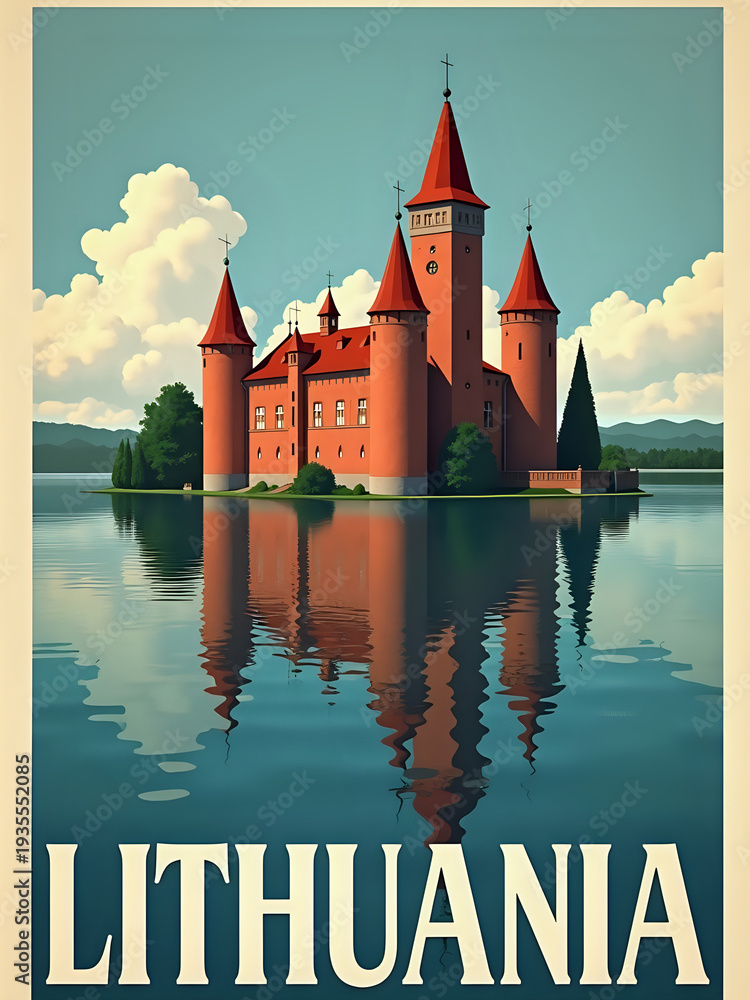 A castle stands on an island surrounded by water. The structure features towers and has a red exterior. Trees are present in the background. The sky is blue with white clouds.