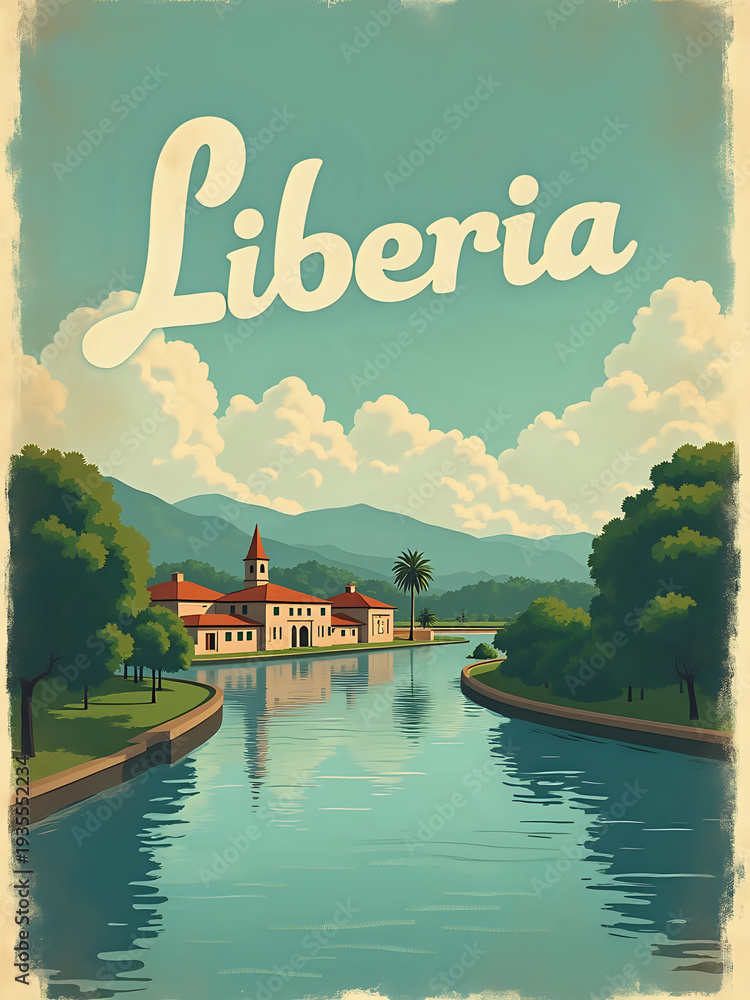 A river winds through Liberia, featuring a building with a clock tower on the bank. Lush trees line the shore, and mountains rise against a blue sky filled with clouds.