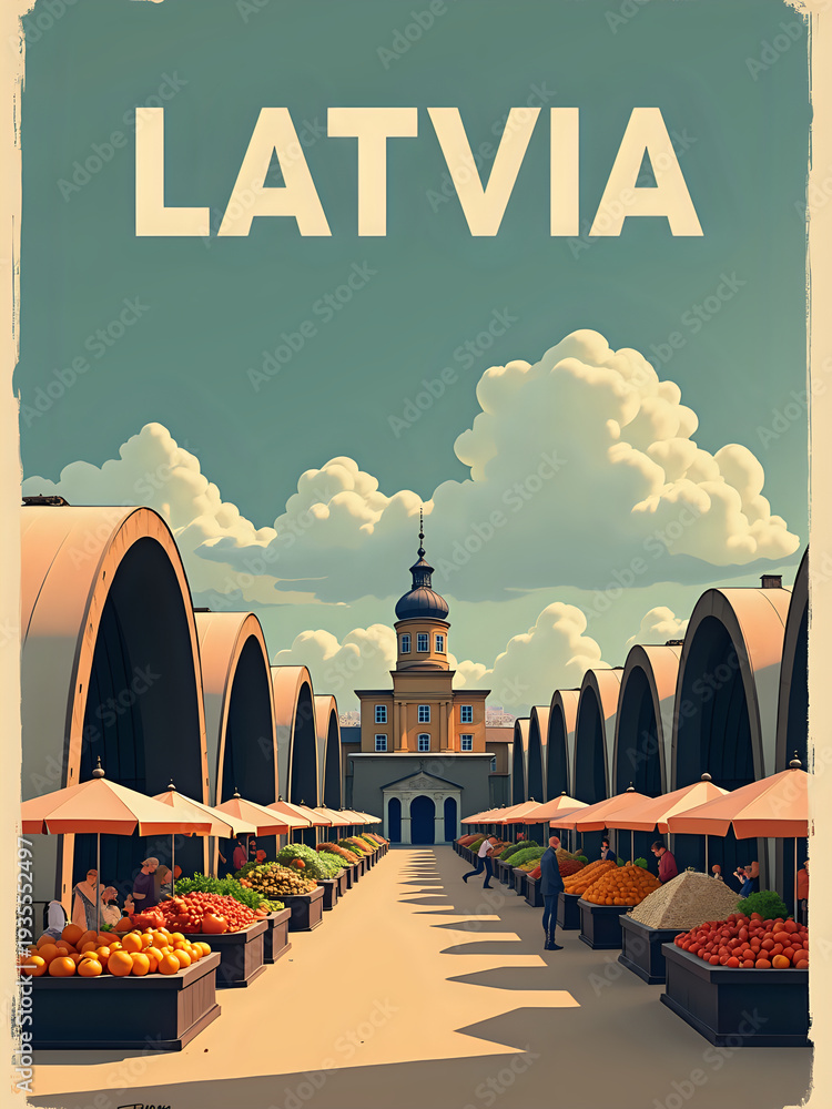 People walk through a market in Latvia. Stalls are filled with fresh fruits. The sun shines on the scene, and there are clouds in the sky. A building stands at the end of the market.
