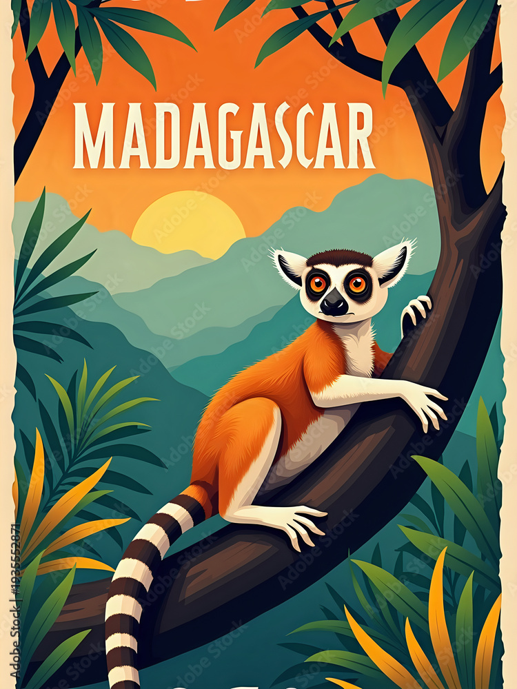 A lemur sits on a branch of a tree in Madagascar. The sun is setting in the background, casting an orange glow. Green tropical plants surround the scene, creating a lively atmosphere.