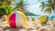 © MdRashedulAlam - Colorful beach balls arranged on sandy shore with palm trees in the background