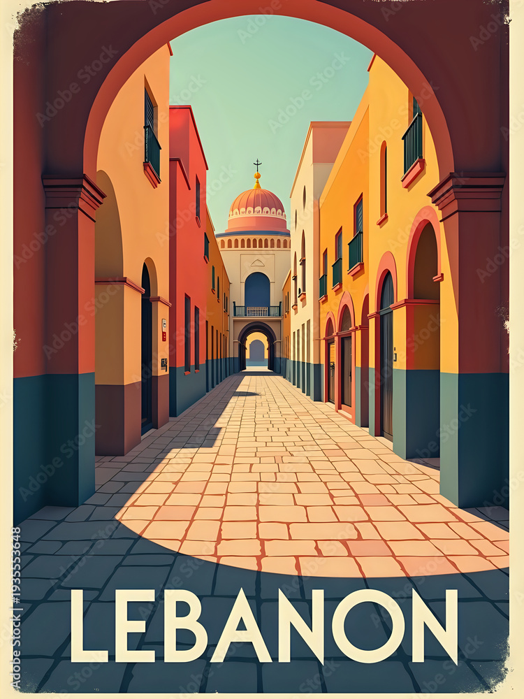 The scene shows a narrow street in Lebanon. The path features colorful buildings lined with arches. Sunlight creates a bright area on the ground. Historic structures stand tall in the background.