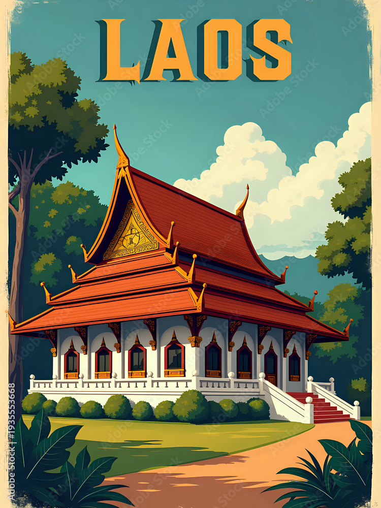 A traditional building stands surrounded by trees in Laos. The structure features intricate design and a colorful roof.