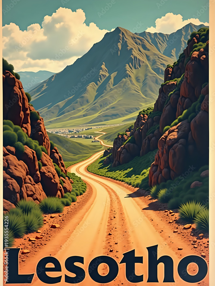 A winding dirt road leads through rocky terrain and green valleys in Lesotho. Mountains rise in the background under a blue sky with clouds. A small settlement is visible in the far distance.