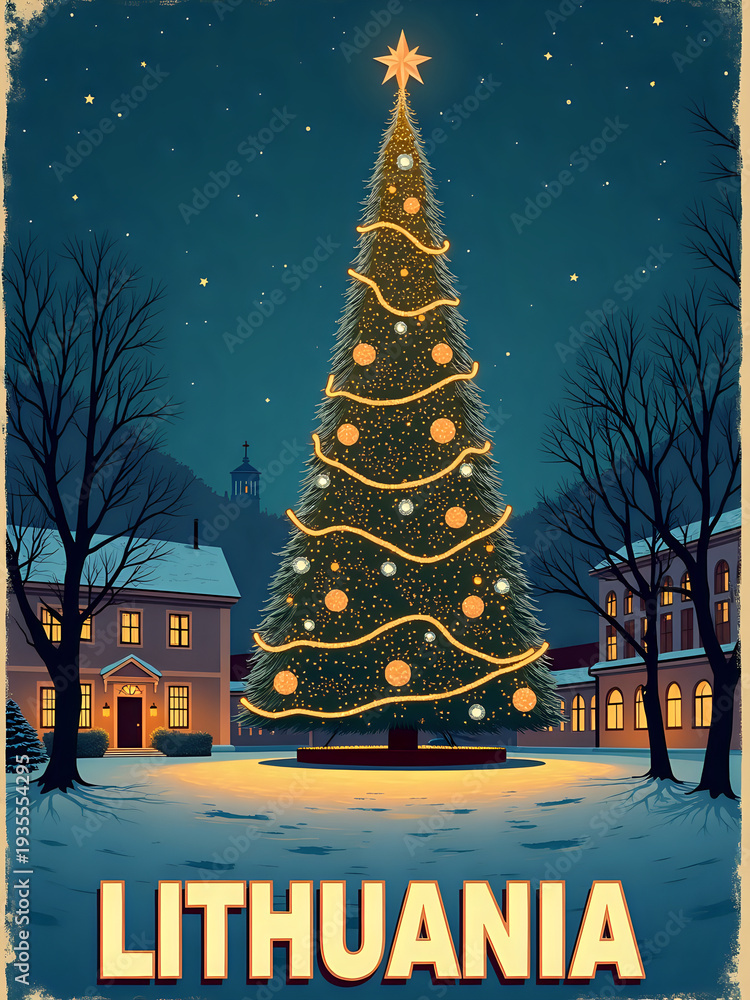 A Christmas tree stands tall in Lithuanias town square at night. The tree is decorated with lights and ornaments. Snow covers the ground. Houses are visible nearby. Stars shine in the sky.