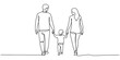 © Creative Tania - Front view of parents with their little kid holding hands and walking together black linear sketch, Happy family in continuous line art drawing style. Front view of parents with their little kid