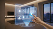 © Si_Design - Hand interacting with futuristic smart home interface, controlling lights, temperature, security, and lifestyle icons in a modern apartment.