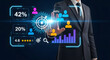 © Tasnim - A manager in a suit touches a futuristic screen showing user profiles, statistical ratings, and performance metrics.