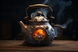 © juliars - Steampunk ornate teapot on a wooden table, steam rising from its lid, fire burning inside its furnace