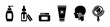 © David - Set of black skincare and beauty icons representing a daily routine with a pump bottle, serum dropper, cream jar, sunscreen tube, face application, and hand mirror