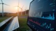 © Alex Pios - Digital monitor shows graphs and charts near solar panels and wind turbines. Renewable energy plant data analysis and green tech concept. Sustainable future, clean electricity management system