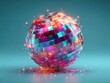 © AzeQo - 鮮やかなピンクや青のタイルが輝くカラフルなミラーボールが、幻想的な光の粒子と共にティールカラーの背景に浮かび上がり、パーティーやダンスイベントの華やかな雰囲気を演出する高品質な3Dレンダリング画像。