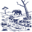 © ggg - Elephant on rocky cliffside with tree and stream rocks