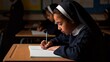 © MarGa - Profile of young Latina nun writing in notebook. Novice sister studying in classroom. Religious education