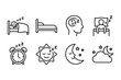 © Suhel_AI Design - Simple line icons set for sleep and rest, including sleeping person, bed, alarm clock, sun, moon and stars.