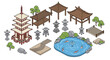 © Nure - Various traditional Japanese garden elements, including a pagoda, gazebos, stone lanterns, and a koi pond, are arranged on a white background.