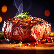© Bill - Thick juicy grilled beef steak, medium rare with steam. AI