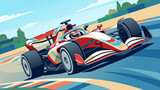 stylized image of a white and red racing car rapidly passing a turn on a track with an emphasis on speed and the streamlined shapes of the car in a classic racing color scheme