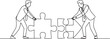 © sadi - Continuous one line drawing of two businessmen pushing half arrow jigsaw pieces together, one line art icon drawing vector