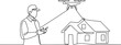 © sadi - Continuous one line drawing of home inspection employee using drone to inspect house of customer, one line art icon drawing vector