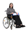 © New Africa - Smiling manager wearing glasses with folders in wheelchair on white background