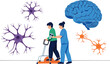 © MstRozinaAkter - Neurology medical vector illustration featuring human brain anatomy with neuron cells and a caregiver assisting a patient with a walker for rehabilitation.