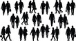 © PORI  - Silhouettes of pairs of people walking together, carrying bags briefcases, casual professional interaction urban crowd activity concept, flat vector illustration