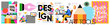 © Ardea-studio - Design, tools, art and workspace. Vector modern creative illustrations of a designer working at a computer at a desk in his workplace, pencil, pen, graphics tablet, geometric pattern, typographic logo