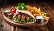 © Denise - leckerer doner kebab im fladenbrot mit frischem gemuse krautersosse und pommes n nahaufnahme eines klassischen turkischen fastfoods perfekt angerichtet auf rustikalem holztisch