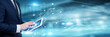 © Shevon - Businessman analysing business introduction data and global network on tablet device, corporate overview, company profile, strategic briefing, professional presentation.